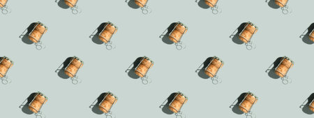 Banner. Pattern with champagne cork on blue background with shadowの写真素材