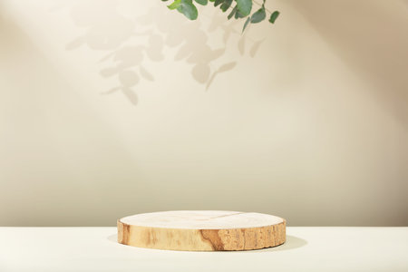 Wood slice podium with eucalyptus leaves on beige background for cosmetic product mockupの写真素材