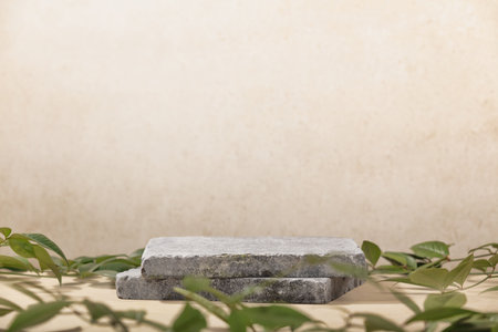 Stone podium for packaging and cosmetic presentation. Monochrome beige template for mockup, bannerの写真素材