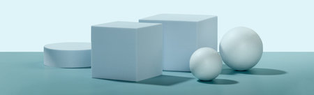 Abstract empty geometric shape podiums for product on pastel blue background.