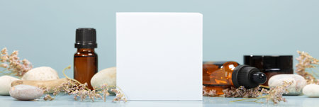 Composition with natural cosmetics and white podium, banner, mock up, copy space