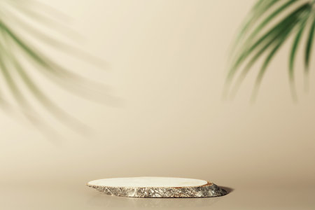Wood slice podium on beige background for cosmetic product mockupの写真素材