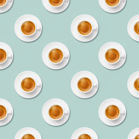 Coffee pattern. Cup of coffee on colorful backgroundの写真素材