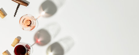 Wine composition with beautiful sunlight and shadows on white backgroundの写真素材