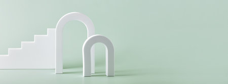 Banner. Abstract background with various geometrical forms and podiums in pastel color for product presentationの写真素材