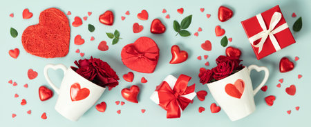 Two cute cups with roses, gift boxes, chocolate and red hearts on blue background, top view, flat lay, bannerの写真素材