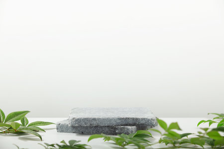 Stone podium for packaging and cosmetic presentation. Monochrome gray template for mockup, bannerの写真素材