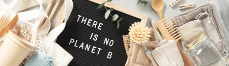 There is no planet b letter board and zero waste no plastic accessories on grey stone backgroundの写真素材