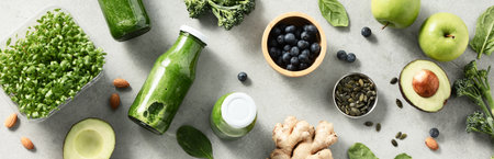 Vegetarian vegan healthy ingredients and green smoothie on grey stone backgroundの写真素材
