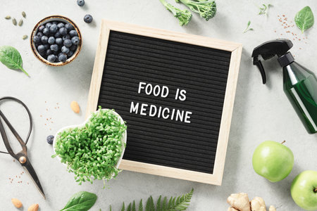 Food is medicine letter board quote flat layの写真素材