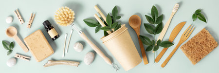 Banner. Set of eco friendly toiletries and kitchen products on blue background, flat layの写真素材
