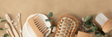 Natural cosmetic products, Zero waste, eco friendly bathroom accessories on beige background with...