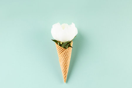 Flat-lay of waffle cone with peony flower over pastel light blue background, top viewの写真素材