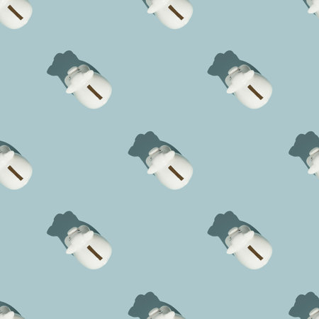 White piggy banks on blue background. Financial and money saving pattern conceptの写真素材