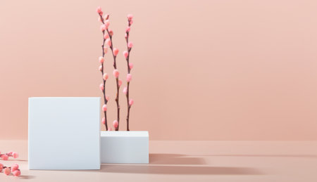 Abstract background with various geometric shapes and spring branches for product presentation. Podium to show cosmetic products. Pink backgroundの写真素材