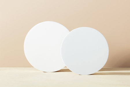 Abstract geometric pedestals on beige background mock upの写真素材
