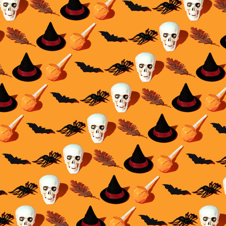 Orange background with collection of Halloween objects, Halloween patternの写真素材