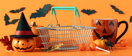 Spooky Halloween composition made of shopping basket and halloween decorations, sale.