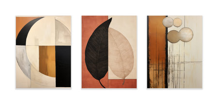 Botanical wall art  set. Foliage line art drawing with abstract shape.