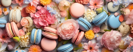 Colorful French Dessert Macaroons and flowers flat layの写真素材
