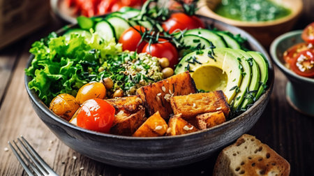 Healthy vegetarian Buddha bowl with fresh ingredients close upの写真素材