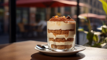 Classic tiramisu in a glass jar in Italian cafe. Traditioanal italian dessert.の写真素材