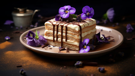 Traditional italian dessert tiramisu decorated with edible flowersの写真素材
