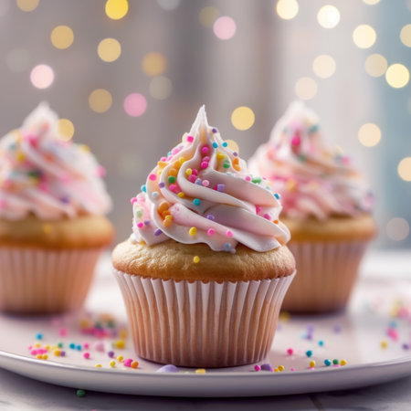 Delicious Cupcakes for party on blurred backgroundの写真素材