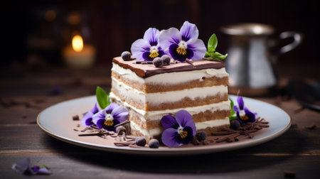 Traditional italian dessert tiramisu decorated with edible flowersの写真素材