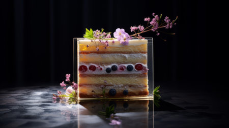 Beautiful cake decorated with eatable flowers for Valentine Day Birthday Wedding and Festive selective focusの写真素材