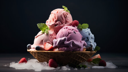Bowl of ice cream scoops of different colors and flavoursの写真素材