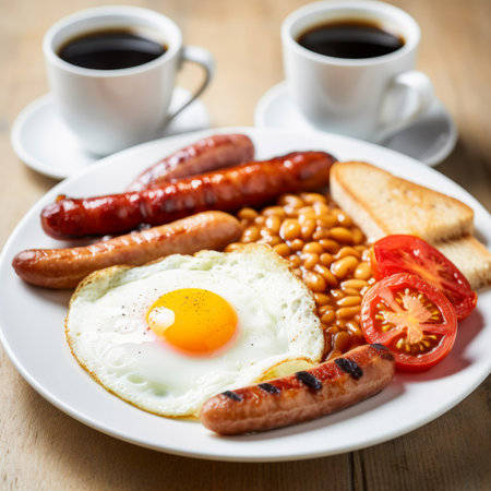 Traditional full English breakfast with fried eggs, sausages, beans, mushrooms, grilled tomatoes and bacon on white plateの写真素材