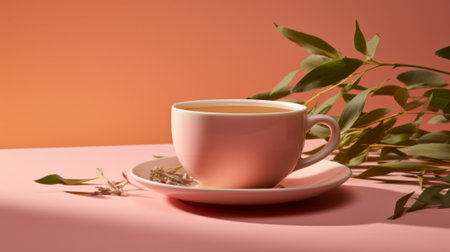 A cup of tea and flowers on pink background. For drinking advertisingの写真素材