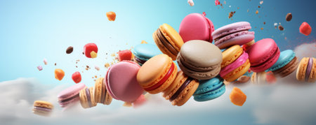Sweet macaroons macarons with crumbs falling flying isolated on colorful background. French cookies. Pastry shop card bannerの写真素材