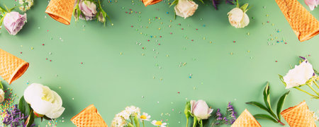 Flat-lay of waffle cones and flowers over pastel green background, top view, flat lay. Spring or...