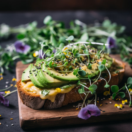 Healthy avocado toasts for breakfast or lunch with rye bread decorated with micro greens and eatable flowers close upの素材