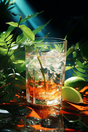 Fresh mojito cocktail with mint, lime and ice with tropical trees and plants on a dark mystical background.  Shot of drink in freeze motion, flying drops and berries. Summer cold drink and cocktail.の素材