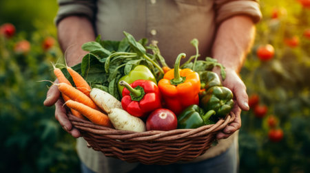 Basket with vegetables in the hands of a farmer background of nature Concept of biological, bio products, bio ecology, grown by yourself, vegetarians. AI generatedの素材