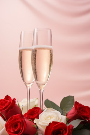 Champagne glasses and red roses, Valentines day holiday composition. Birthday, Women's, Wedding Day concept.の素材