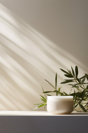 Jar of cream with plant branches on beige background front view, minimalistic style mock up for designの素材