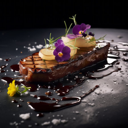 Foie gras, a pate decorated with edible flowers and micro greenery on dark background close upの素材