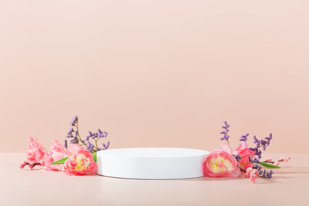 Abstract empty white foam circle podium on pink background. Mock up stand for product presentation. 3D Render. Minimal concept. Advertising templateの写真素材