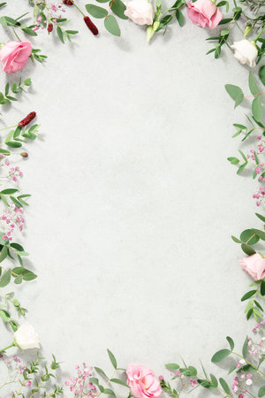 Frame made of spring flowers, flat lay copy spaceの写真素材