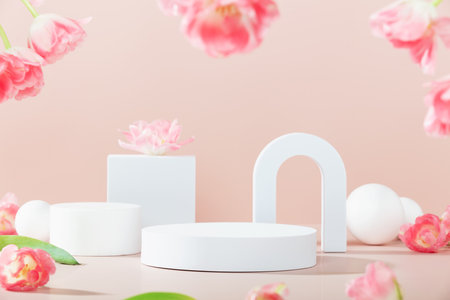 Podium, stand, showcase on pastel light, pink background and flowers. for premium product with nature plant, leaves.3d render.の写真素材