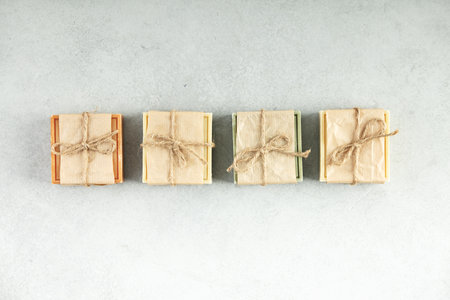 Sustainable lifestyle concept. Bars of natural handmade soap, top viewの写真素材