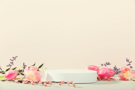 White foam circle podium and spring flowers on pink background. Mock up stand for product presentation. 3D Render. Minimal concept. Advertising templateの写真素材