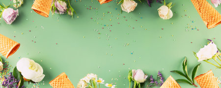 Flat-lay of waffle cones and flowers over pastel green background, top view, flat lay. Spring or summer mood concept, banner, copy spaceの写真素材