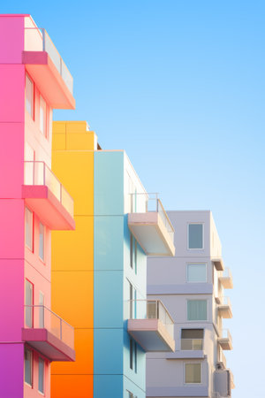Colored buildings. Abstract modern architecture, minimalistic style, blue sky backgroundの素材