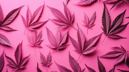 monochrome pattern of pink cannabis leaves on a pink backgroundの素材
