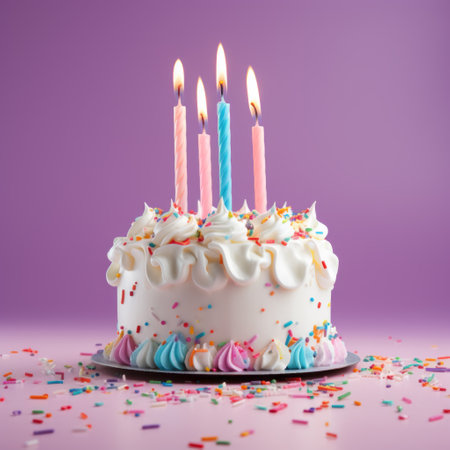Birthday party decorated cake with candles and sparklesの素材